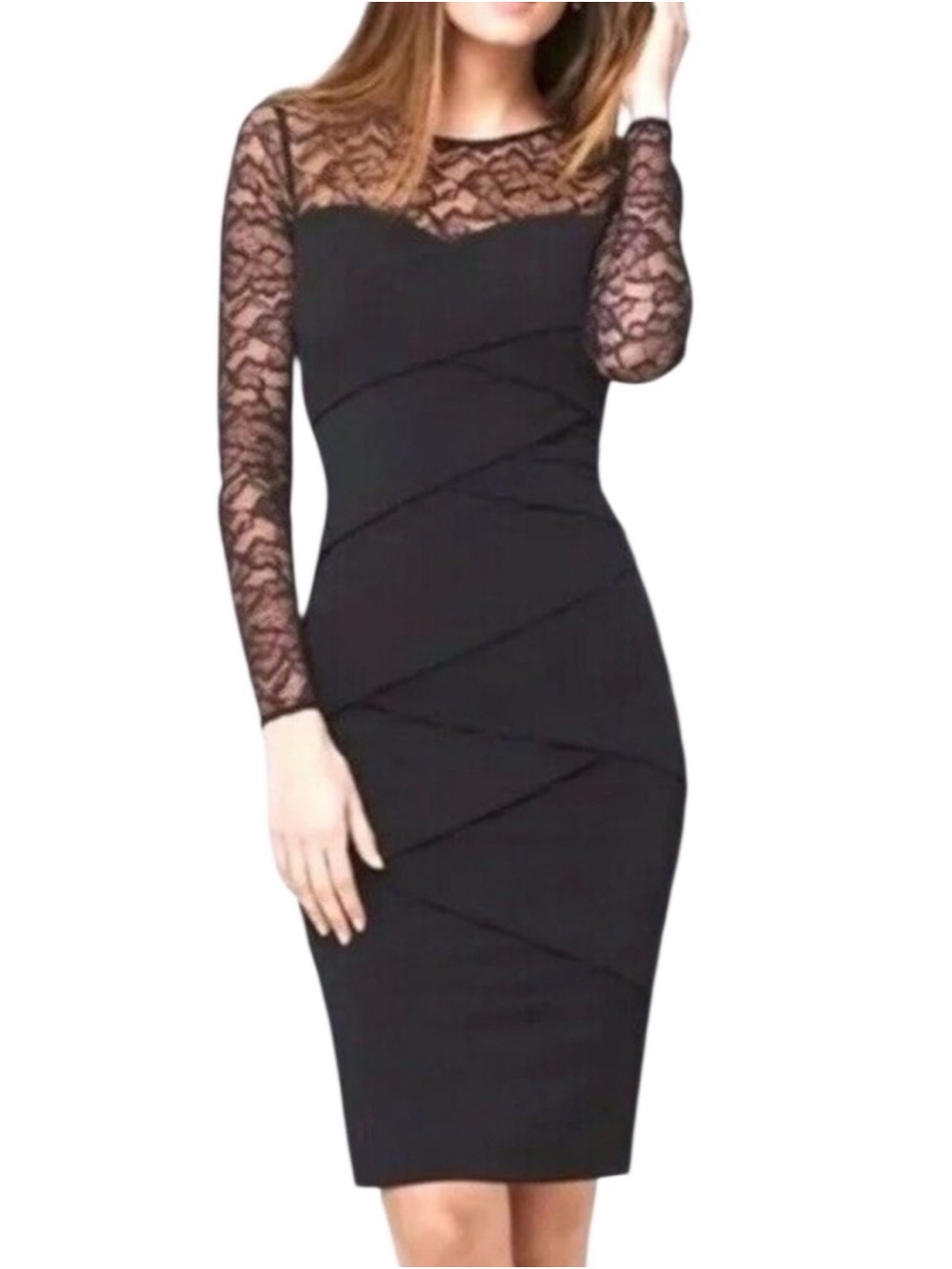 White House Black Market Black Lace-Detail Long Sleeve Sheath Dress